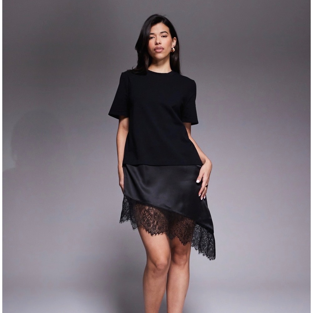 ASOS DESIGN Womens Black T-Shirt Dress Satin Lace Asymmetric Hem Mini Size M